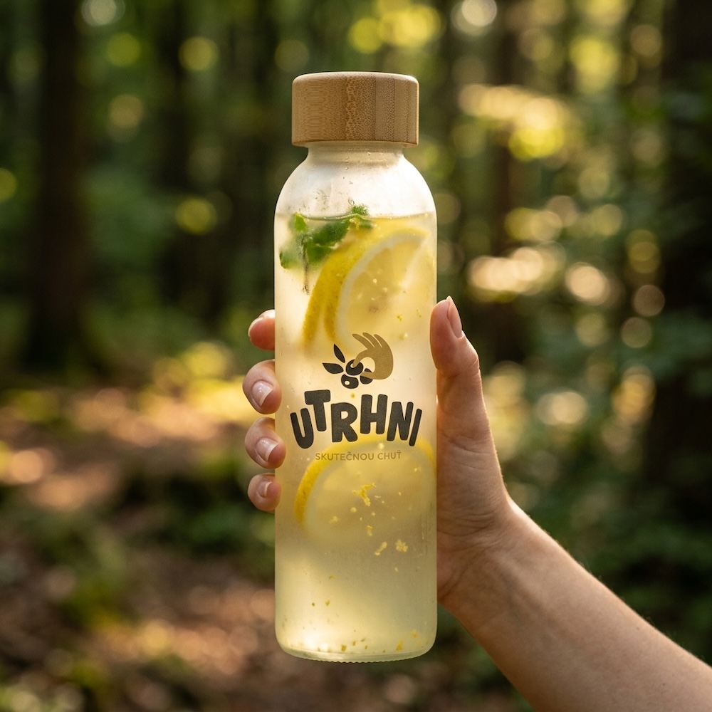 Láhev UTRHNI z matného skla s bambusovým uzávěrem 500 ml